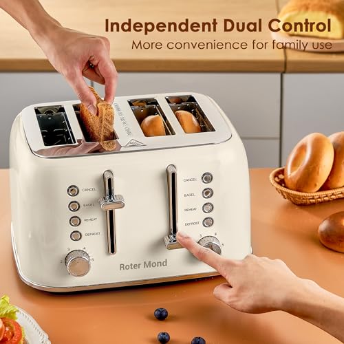 Roter Mond 4-Slice Retro Toaster with Extra Wide Slots & Dual Control - Cream White