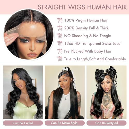 Human Hair Lace Front Wigs 26 Inch 13x6 HD Transparent Lace Natural Color 200 Density