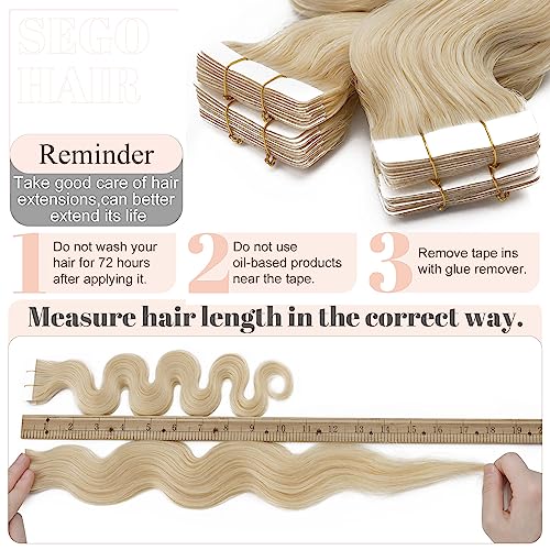 SEGO Wavy Tape-In Hair Extensions 14 Inch Blonde Remy Human Hair 20pcs - Body Wave, Bleach Blonde Variation #0613