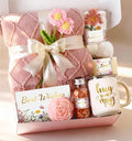 Self Care Gift Basket for Women with Rose Theme - Pink Birthday Relaxation Set with Knit Blanket