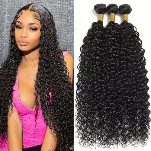 Brazilian Water Wave Human Hair Bundles - 10 12 14 Inch, 3 Pack, Natural Black