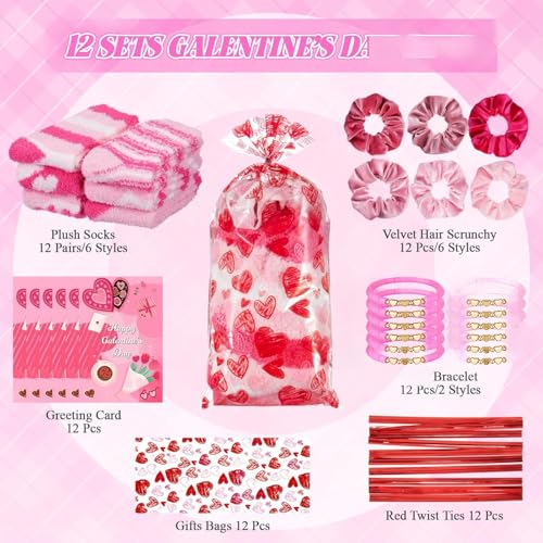 Galentine's Day Gift Set - Velvet Hair Scrunchies Plush Socks Bracelets 12 pcs - Girls Women Party Supplies