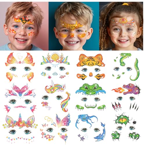 Leesgel 24 Sheets Glitter Face Tattoos for Kids - Face Paint Tattoos for Boys Girls Birthday, Party Favors, Prizes for Kids Classroom, Trick or Treat, Goodie Bag Stuffers, Stocking Stuffers and Gifts