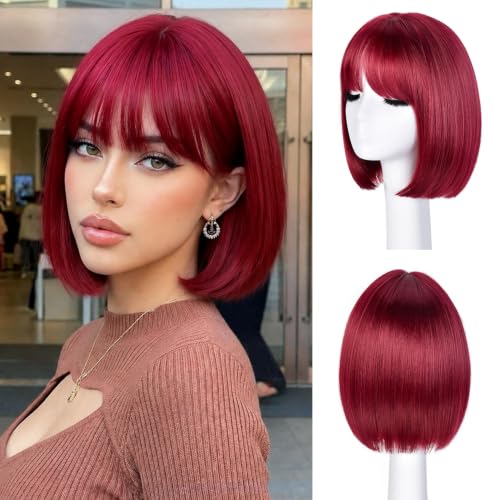 Red Short Bob Wig with Bangs - 12 Inch Synthetic Wig for Women & Girls - CURLCRAZY