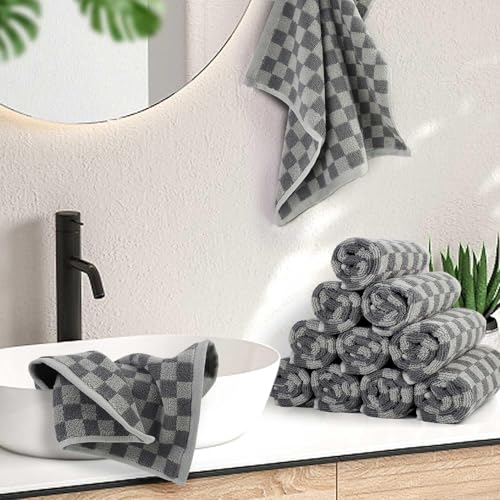 Grey Checkered Super Soft Wash Cloths - 12 Pack Face & Body Towels