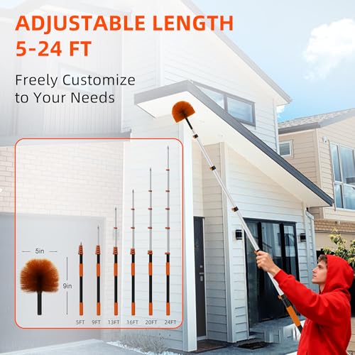 30 FT Reach Cobweb Duster with 5-24FT Telescoping Pole, Reusable & Washable Home Cleaning Tool
