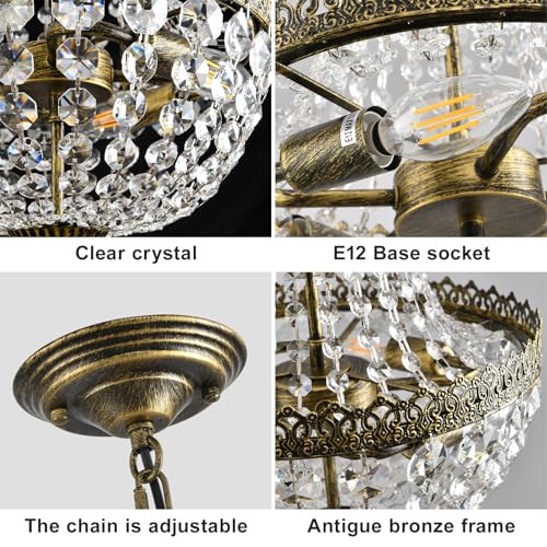 Mini Crystal Chandelier Pendant Light 19.7 H x 12.6 W Vintage Farmhouse Ceiling Fixture for Bathroom Living Room Bedroom Antique Brass E12