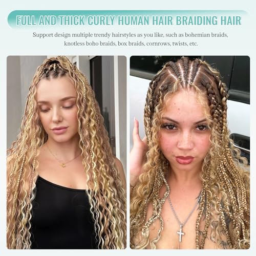 Water Wave Human Hair Extensions 18 Inch Ombre Strawberry Blonde with Highlights - No Weft, 2 Bundles