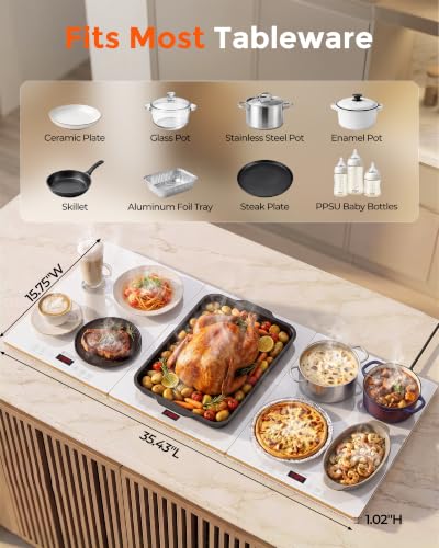 BTUVC 3-in-1 Warming Trays for Buffets, 36x16, Independent Temp Control, 24H Timer, White-Gold