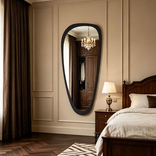 WallBeyond 48" x 22" Irregular Wooden Wall Mirror - Dark Brown, Mid Century Modern Decor