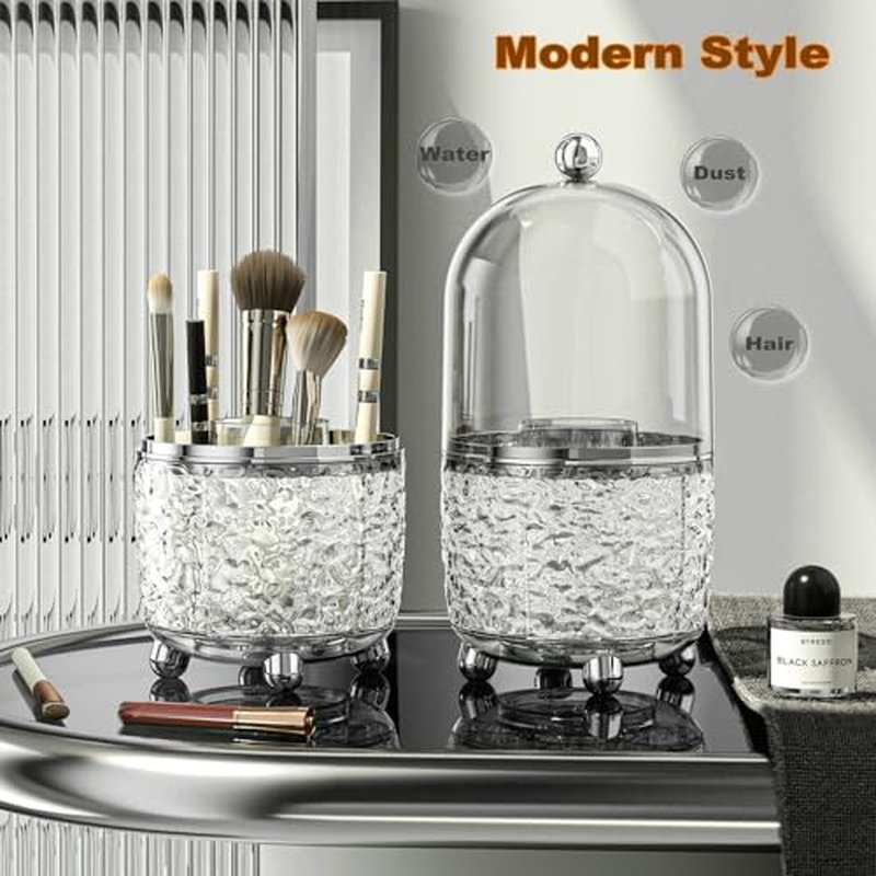 360 Rotating Makeup Brush Holder with Lid Dustproof Spinning Brush Storage for Bathroom Countertop, Cosmetic Tools Organizer with Cover for Vanity (Clear)