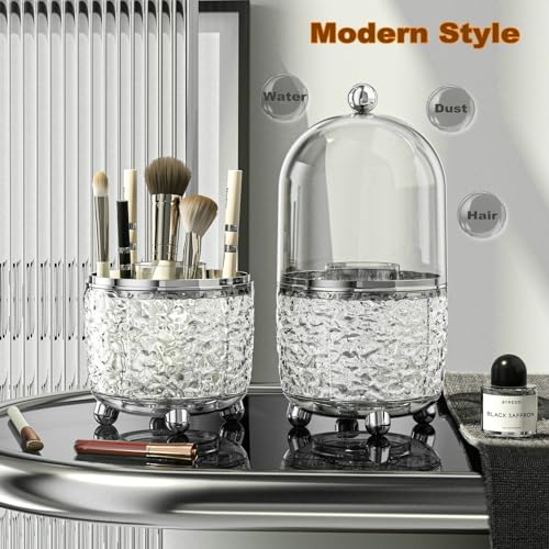 CHIRISEN Gray 360° Rotating Makeup Brush Holder with Lid - Dustproof Cosmetic Organizer