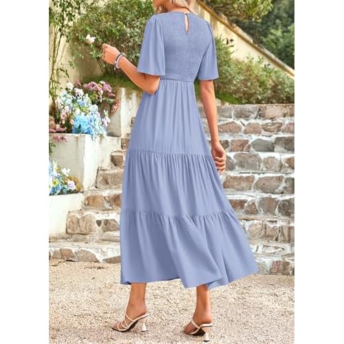 KIRUNDO Summer Dresses for Women 2026 Spring Casual Flutter Short Sleeve Wedding Guest Smocked Flowy Tiered Aline Midi Dress