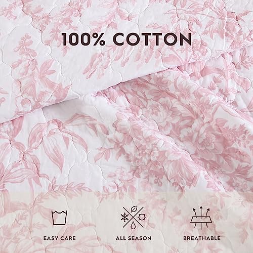 Laura Ashley Twin Cotton Quilt Set with Pillow Sham - Bedford Pink Reversible Bedding