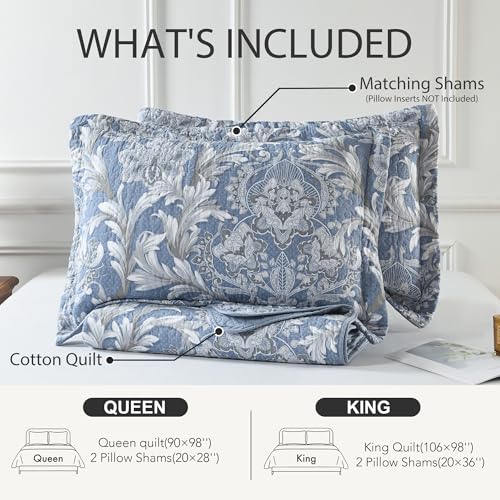 Queen Size 100% Cotton Quilt Set Blue Floral reversible sham included