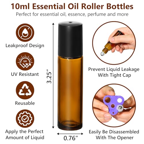 KEYWING 10ml Amber Glass Roller Bottles for Essential Oils - 54 Pack, Includes Dropper & Spare Balls