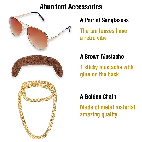 70s Disco Costume Wig for Men - Brown Shaggy Retro Hair with Mustache & Glasses - Halloween Party Cosplay