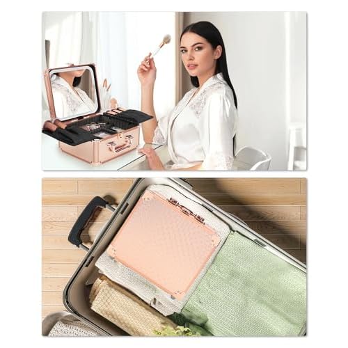 Relavel Makeup Bag with LED Mirror, Makeup Box Travel Train Case with Rechargeable Lighted Mirror, Cosmetic Brush Organizer Storage for Makeup Artists Gifts for Women and Girls, Rose Gold