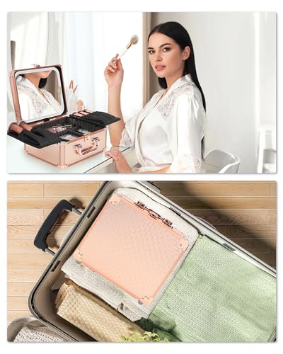 Relavel Small Rose Gold Makeup Bag with LED Mirror & Travel Organizer