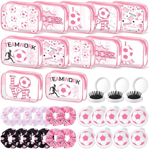 Pink Soccer Gift Set for Women Includes Makeup Bags, Hair Scrunchies & Brushes – Soccer Theme Party Favors (Pink / Soccer)