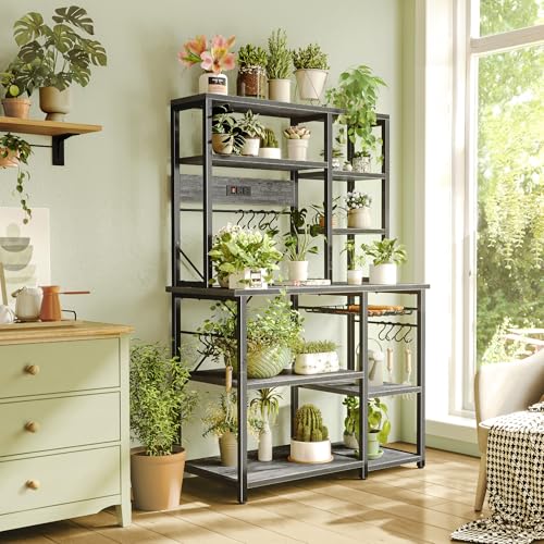 SUPERJARE Charcoal Gray Large Bakers Rack with Power Outlets, 39.4 Inch Microwave Stand