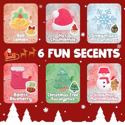 Christmas Bath Bombs Set with Surprises - 6 Handmade Scented Gifts for Women & Kids