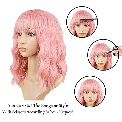 Pink Wavy Wigs with Bangs Short Bob Synthetic Hair for Women & Girls - 14 Inch, Curly, Colorful