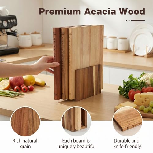 Book-Shaped Acacia Wood Cutting Board Set with Stand - Labeled for Meat, Fish, Cheese, Fruits & Vegetables - Decorative Kitchen Gift