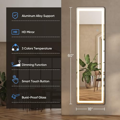 White 16x60 Inch LED Full Length Mirror with Lights - Wall Mount & Stand