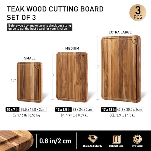 Teak Wood Cutting Boards Set - Multi-Size 3 Pack with Non-Slip Base