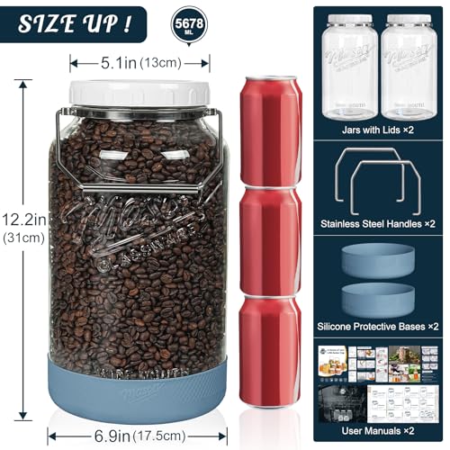 1.5 Gallon Glass Food Storage Jars with Airtight Lids - 2 Pack with Handles & Base