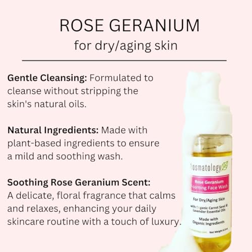 kosmatology Rose Geranium Face Wash | Smooths Skin | Reduces Fine Lines, Wrinkles & Puffiness | Gentle Foaming Cleanser with Natural Ingredients for Youthful Skin | 6 oz