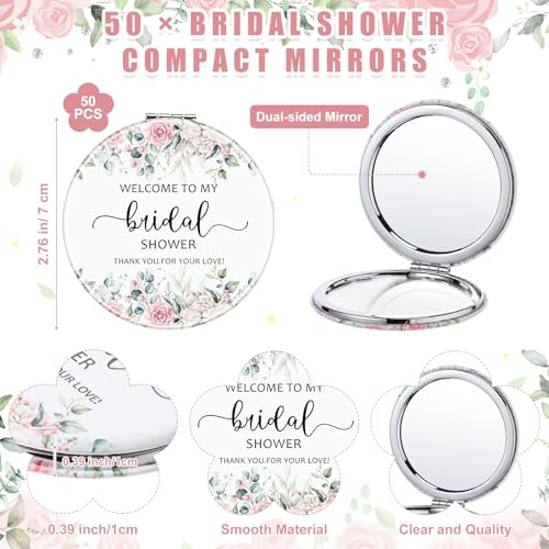 XunYee 50 Sets Bridal Shower Favors for Guests Flower Design Makeup Mirrors Leather Compact Mirrors Bridal Thank You Cards with Organza Bags Bridesmaid Gifts Wedding Party Favors Supplies (Pink)