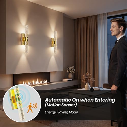 Wireless Rechargeable Wall Sconces Set of 2 with Remote - Brushed Gold & Bubble Crystal