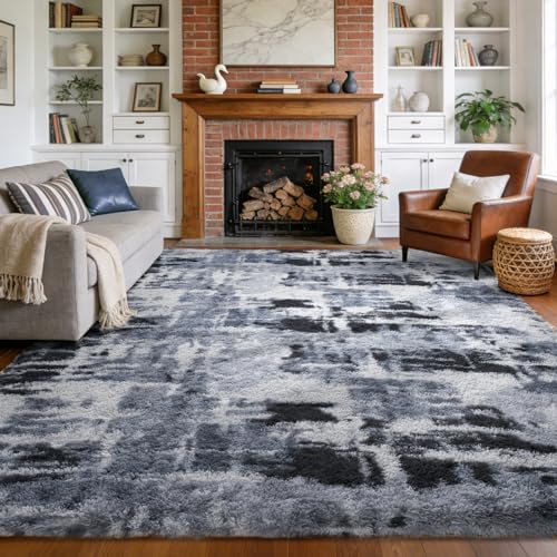 Large Fluffy Tie-Dyed Blue Area Rug Non-Slip Living Room Carpet 6x9