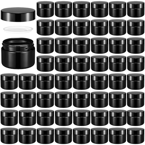 Domensi 60 Pcs 1oz Glass Jars with Lids Bulk Salve Tins Winter Cream Container Small Glass Candle Cosmetic Jars for Travel Lip Balm with Inner Liners for Lotion Sample Cream(Black,Black Lid)