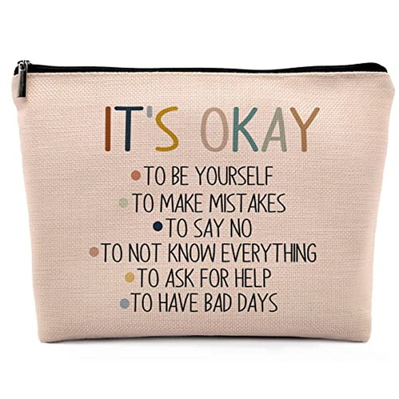 It's Okay to Be Yourself Mental Health Makeup Cosmetic Bag£¬Motivational Self Care Linen Makeup Travel Toiletry Bag, Boho Inspirational Art Cosmetic Bag Gifts For Teen Girls Teens Counselor