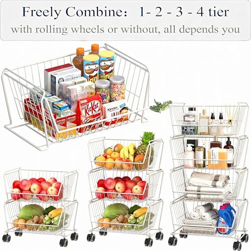 White 6-Tier Tall Wire Storage Baskets with Lockable Wheels - Vertical Kitchen Organizer