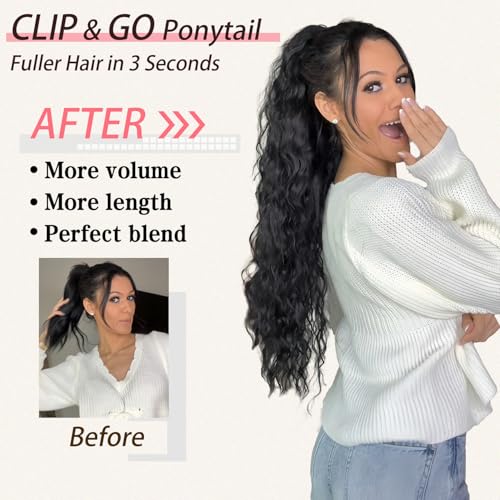 30-Inch Curly Ponytail Extension with Claw Clip - Natural Look, Black and Red