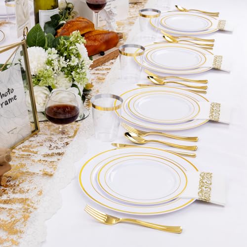 Gold Disposable Dinnerware Set for 100 Guests - Plastic Plates, Cups & Cutlery Variation of Gold / 100 Guests