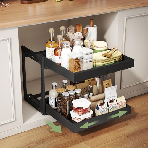 Adjustable Pull Out Kitchen Cabinet Organizer 2-Tier Slide Out Drawer, Heavy Duty Steel, Black, 20.7"D x 12-18.5"W