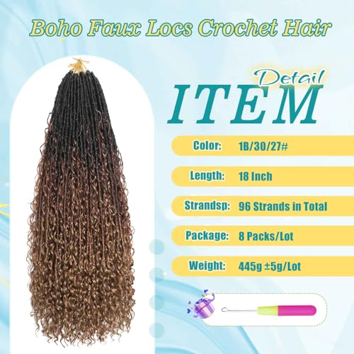 18 Inch Boho Soft Locs Crochet Hair - 8 Packs Goddess Faux Locs with Curly Ends - Natural Bohemian Style for Black Women 1B/30/27#