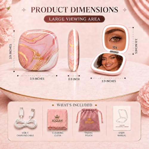 NJ GLAM Blush Marble LED Lighted Makeup Mirror 3.9 Inch Dual-Sided 1x/10x Magnification with Auto On/Off & USB Charging