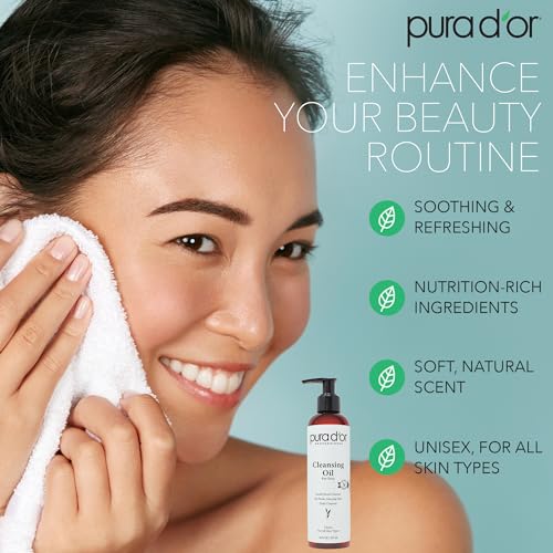 PURA D'OR 8 Oz Facial Cleansing Oil - Nourishing Botanical Blend with & Vitamin, Jojoba and Sunflower Oil - Gentle Makeup Remover & Deep Cleanser For Healthy, Glowing Skin - Paraben-Free Beauty
