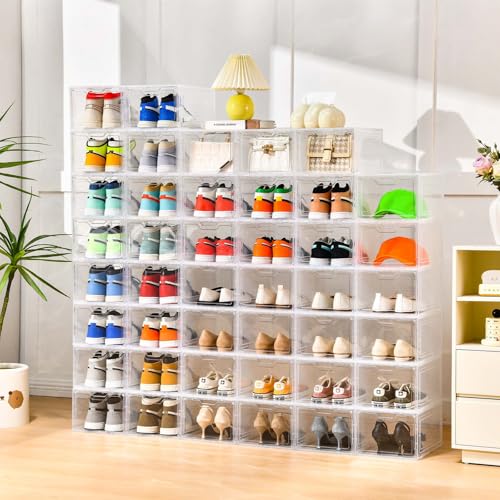 10 Pack Large Clear Plastic Shoe Boxes with Lids - Stackable Shoe Storage Organizer for Sneakers up to US Size 13 - Variation: Fit Size 13 / Clear