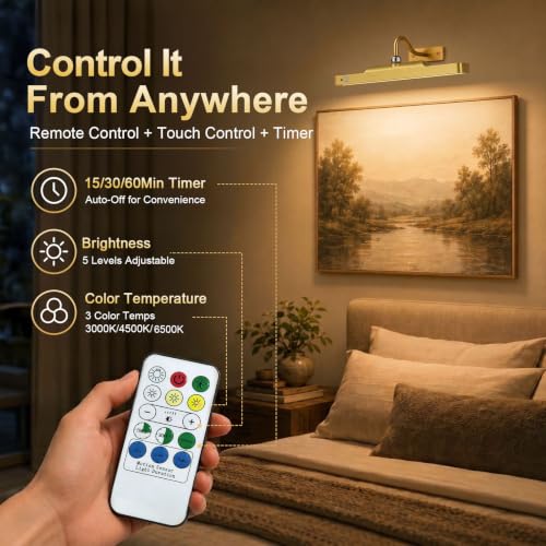 Rechargeable Motion Sensor Picture Light - Gold Wall Mount, 1 Pack - Dimmable, Remote Control