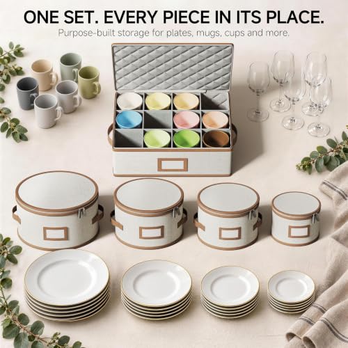 Beige Hard Shell China Storage Containers Set - 5 Pieces with Leather Trim - Variation of Beige / 5 Piece China Storage Set