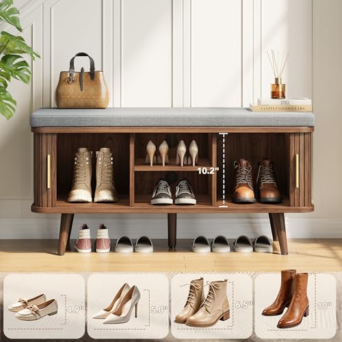 Decofy 39 Inch Shoe Storage Bench with Cushion & Sliding Doors - Walnut