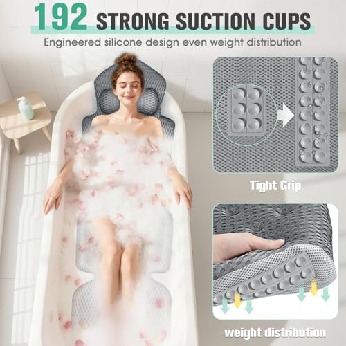 Full Body Bath Pillow with 192 Suction Cups - Luxury Thick Tub Cushion in Dark Gray
