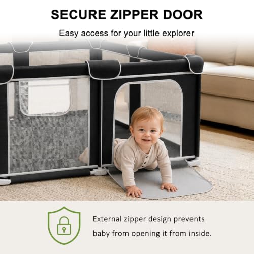 Black Foldable Baby Playpen 50x50 Inches with Mesh Walls & Mat - Portable Toddler Play Yard